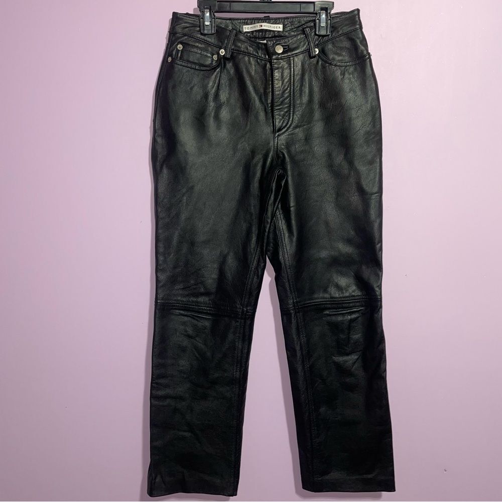 Y2K Tommy Hilfiger Black Leather Pants Women Size 4S Straight Leg Rodeo Western